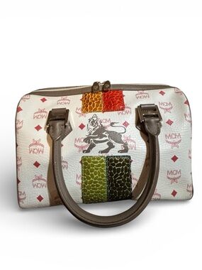 MCM Limited Edition Heritage Visetos Lion Boston Satchel Bag White Red Monogram